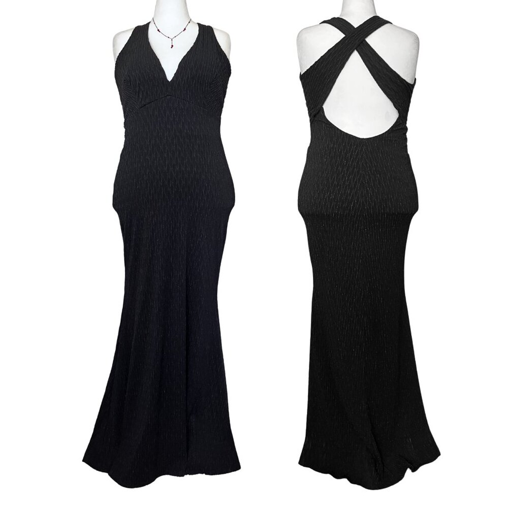 Vintage 90s Y2K Black Prom Formal Dress L/XL Whimsigoth Metallic Gothic Bodycon